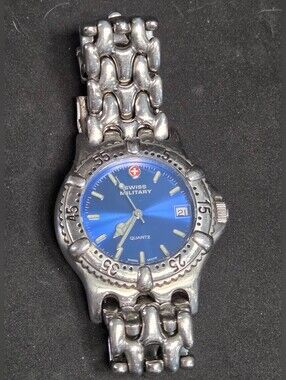 Vintage Swiss Military Watch With Blue Face And Metal Band